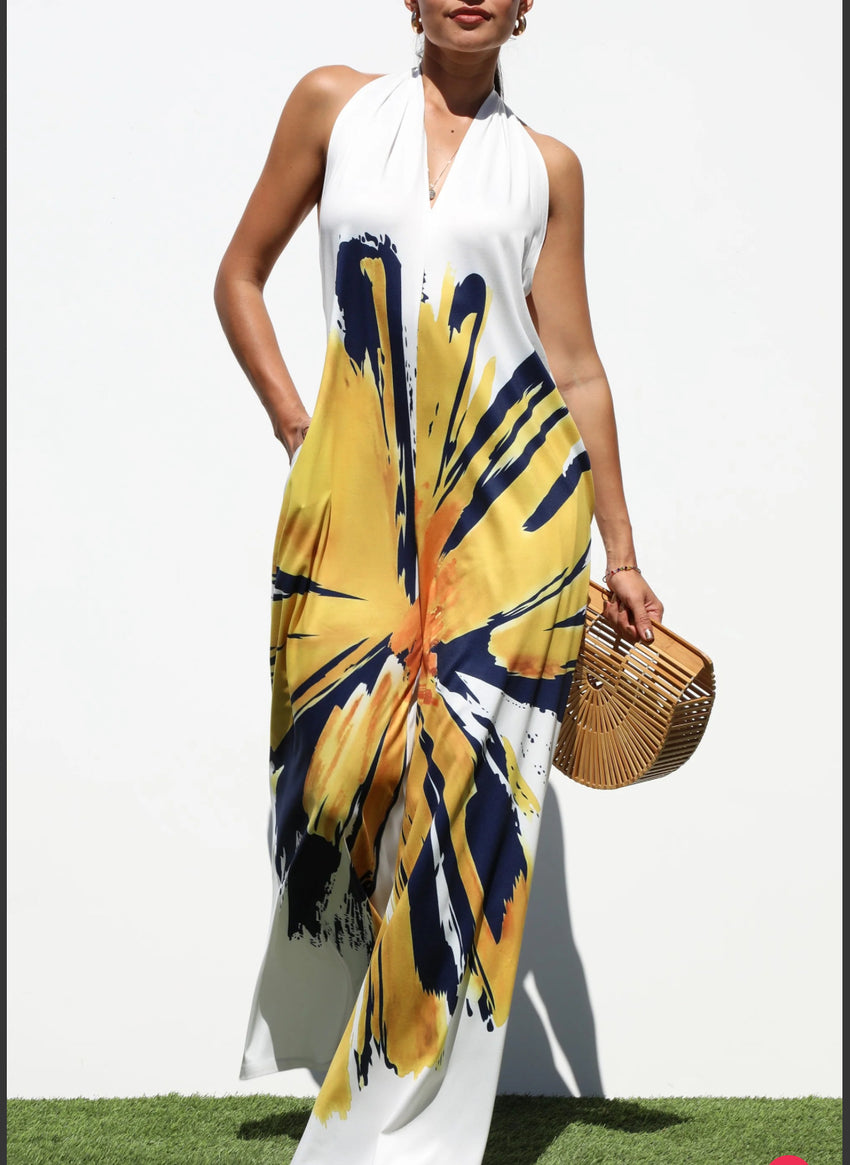 Printed Halter Knit Jumpsuit