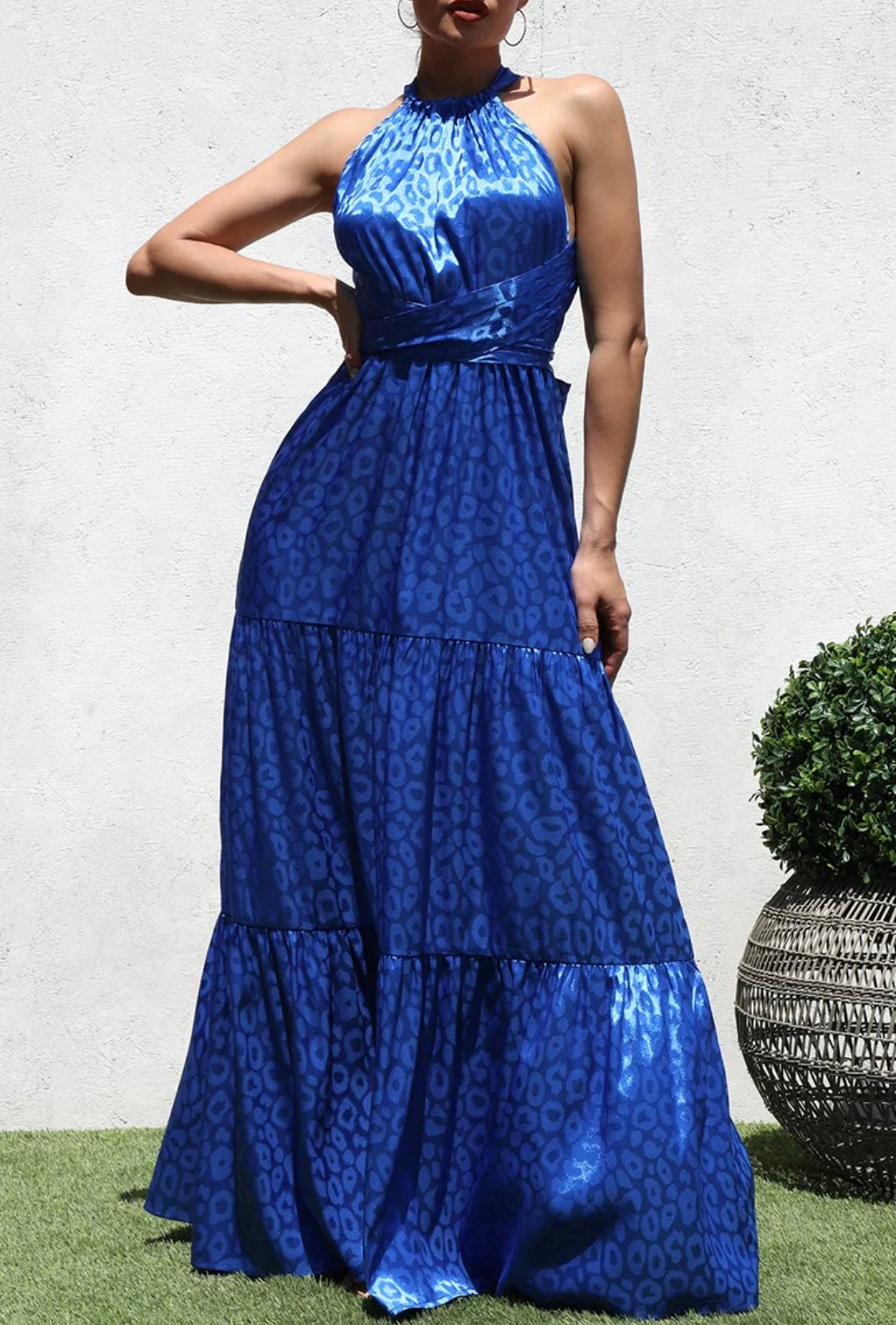 Ruched Neckline Satin Maxi Dress