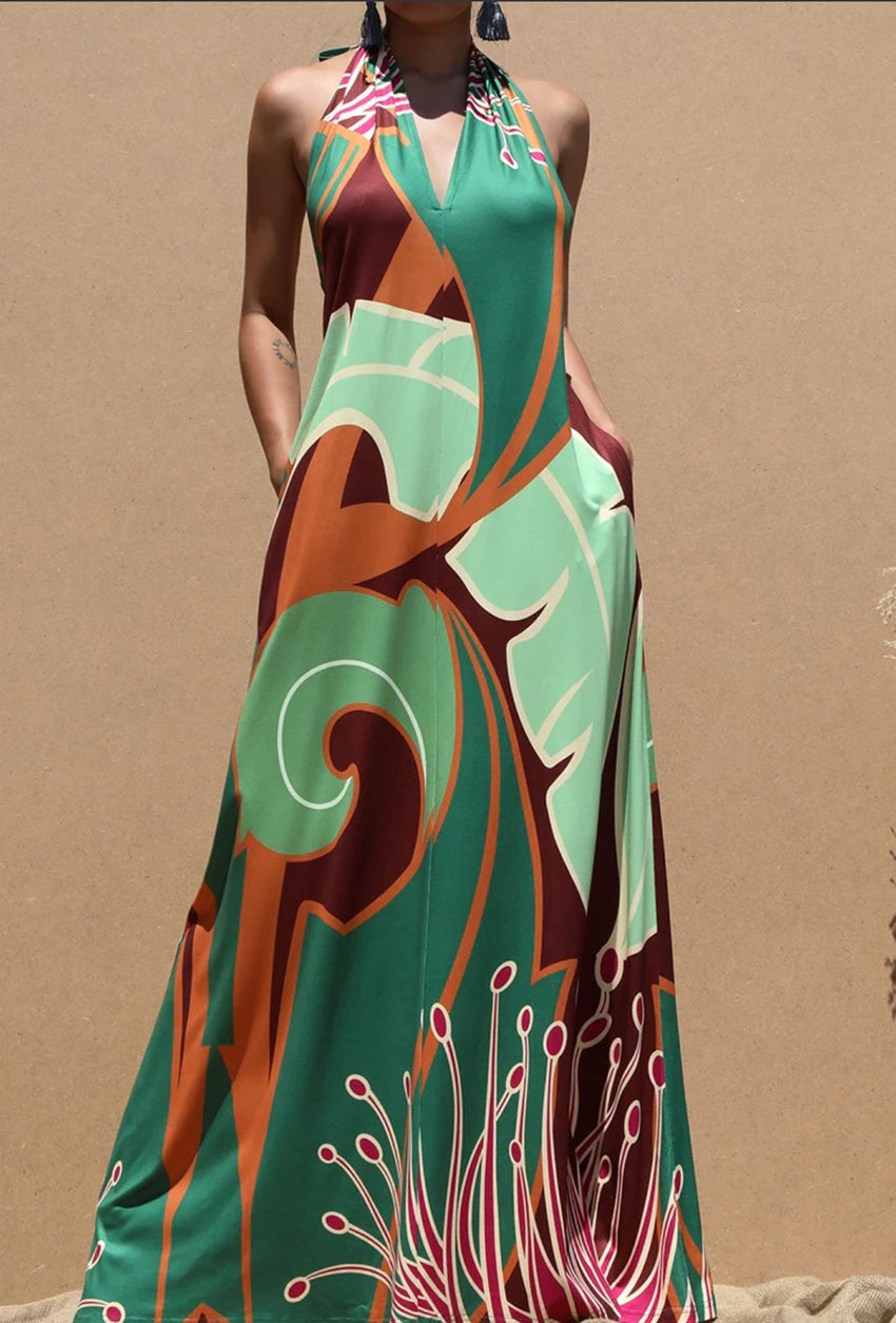 Printed Halter Knit Maxi Dress