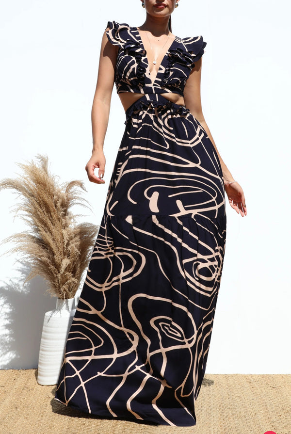 Printed Lace up Woven Maxi Dress
