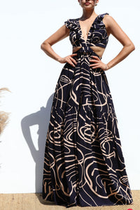 Printed Lace up Woven Maxi Dress