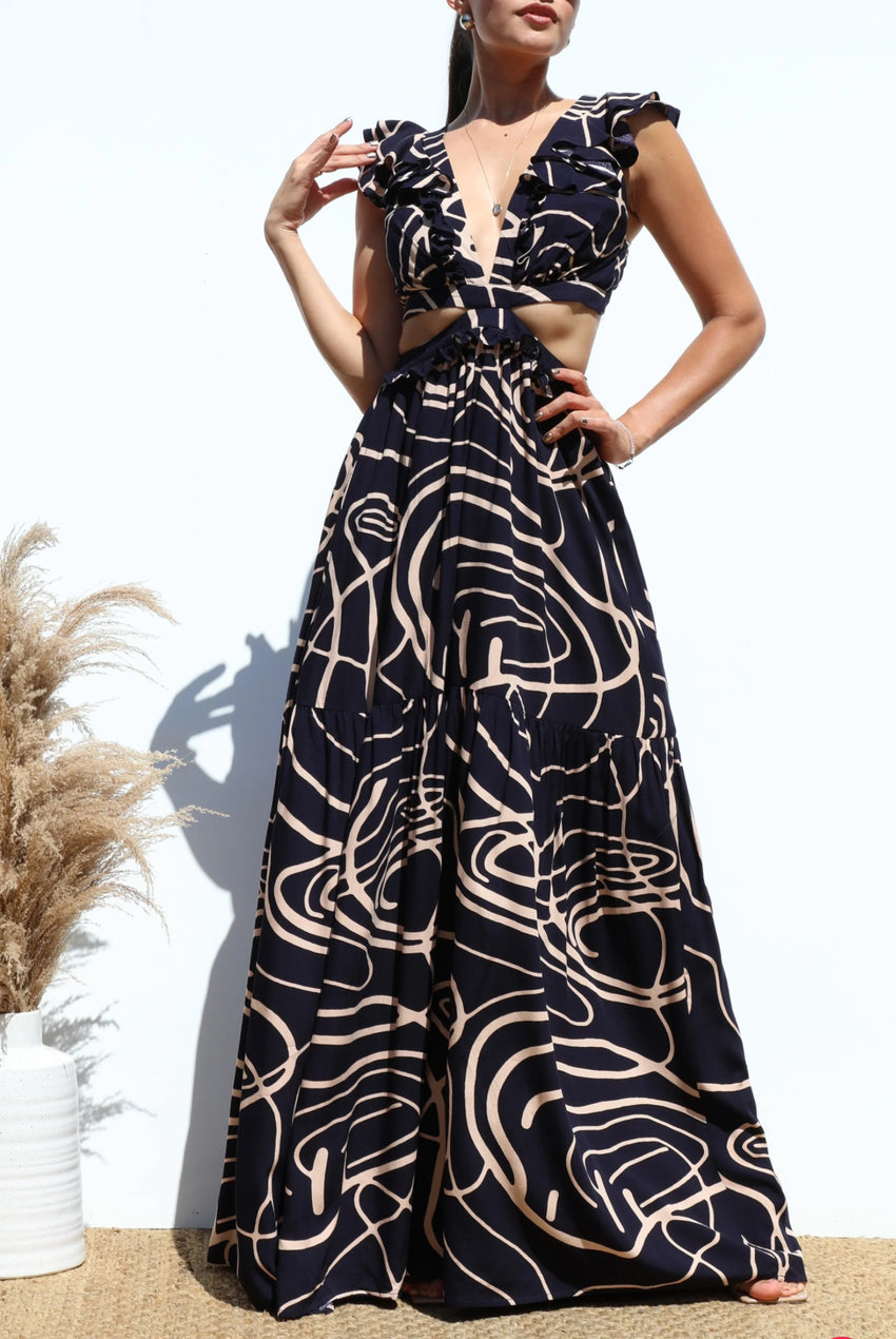 Printed Lace up Woven Maxi Dress