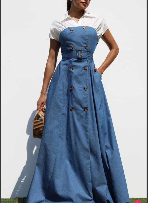 Double Button Woven Maxi Denim Dress