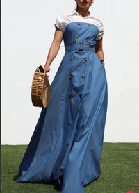 Double Button Woven Maxi Denim Dress