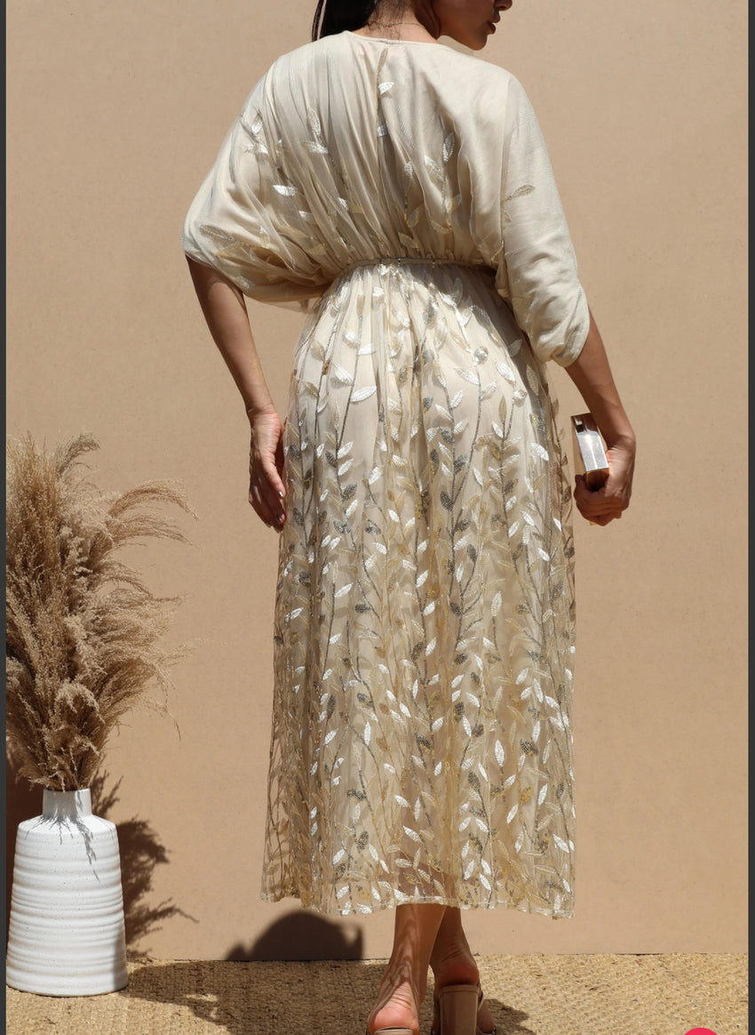 Lace Champagne Sequin Midi Dress