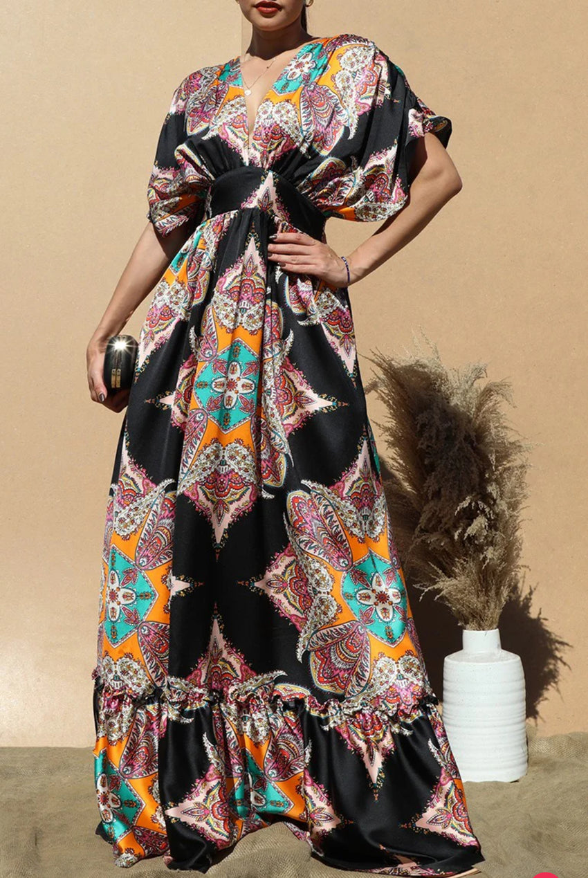 V Neck Satin Elegant Maxi Dress