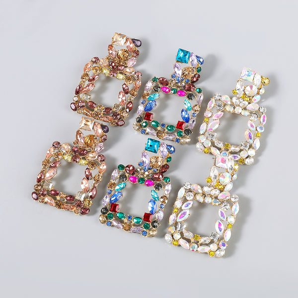 Rhinestone Rectangle Dangle Earrings Square Hoop