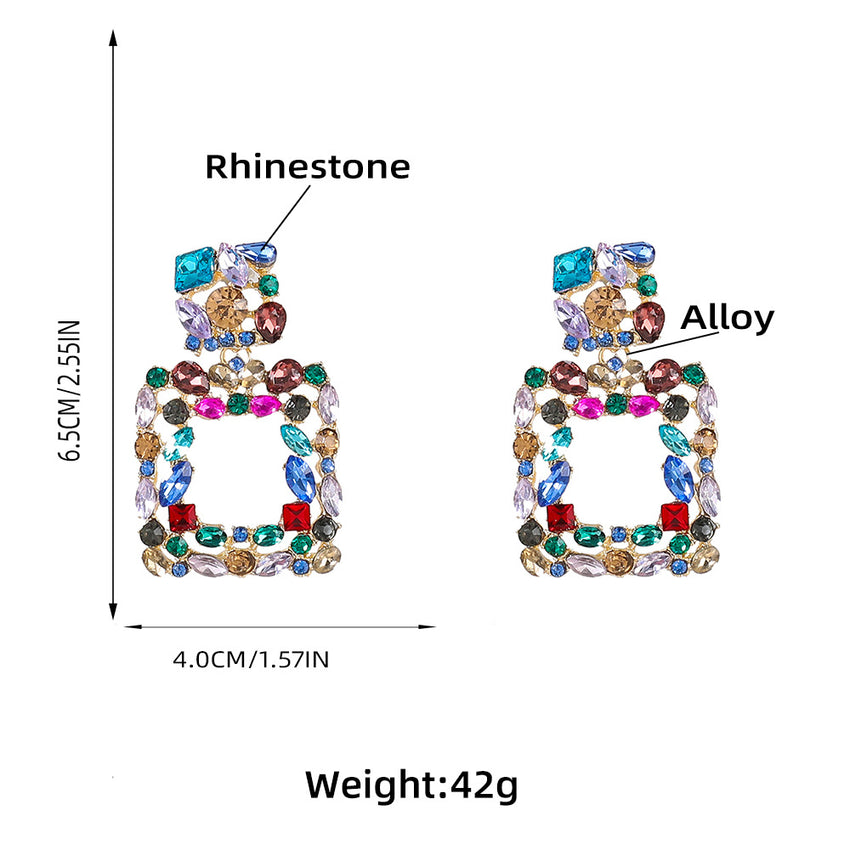 Rhinestone Rectangle Dangle Earrings Square Hoop
