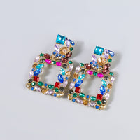 Rhinestone Rectangle Dangle Earrings Square Hoop
