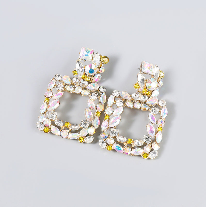 Rhinestone Rectangle Dangle Earrings Square Hoop