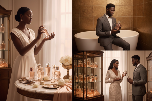 Men and women with luxury perfume and fragrance mist - eau de parfum collection for all"