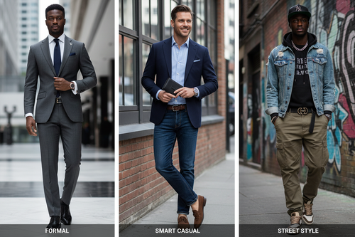  "Diverse men in formal casual and street style wearing premium accessories - belts wallets and gentleman's essentials"