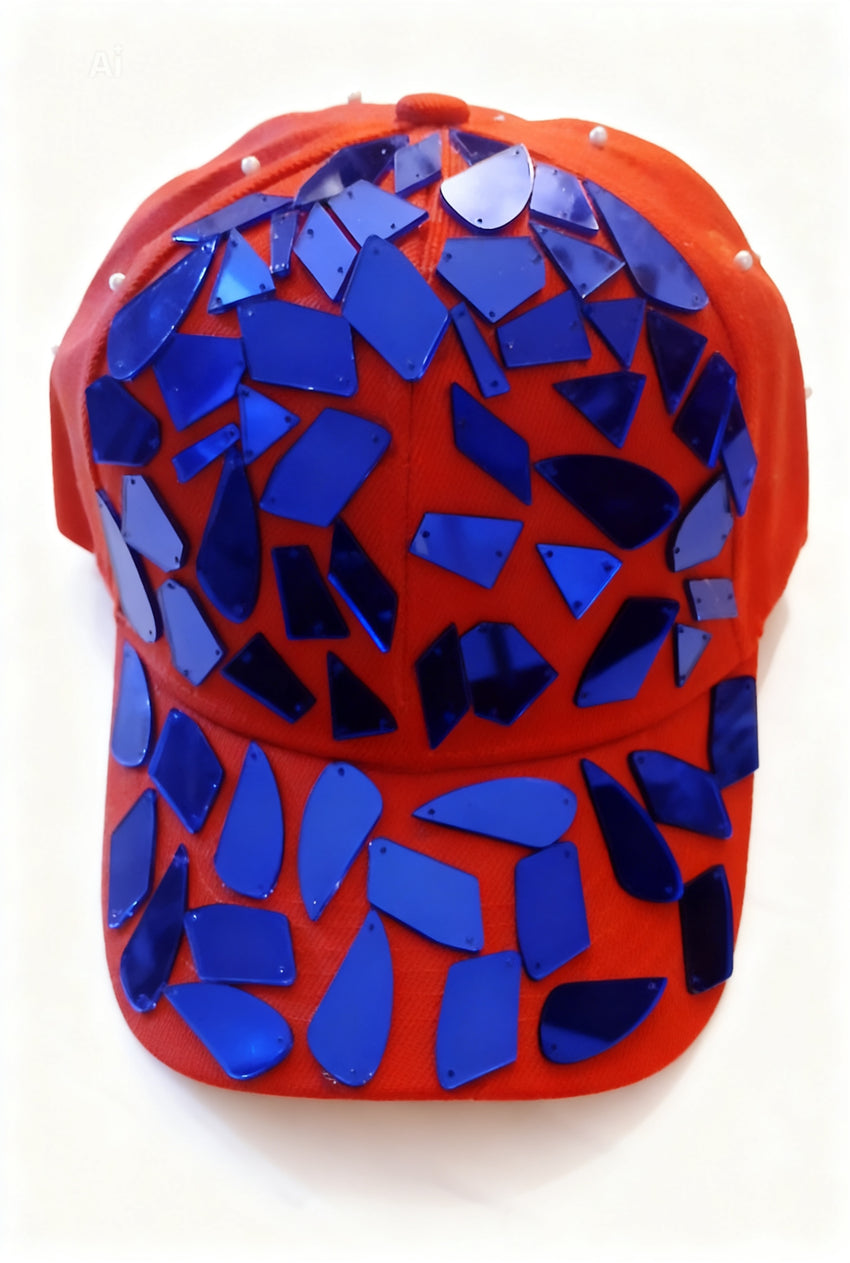 Luxe Mirror Sequin Pearl Baseball Cap — Red/Blue