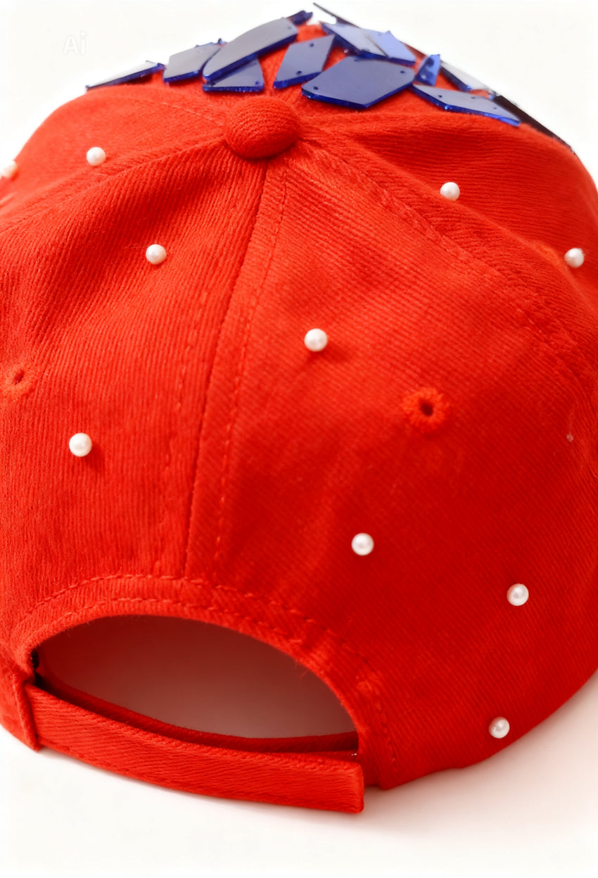 Luxe Mirror Sequin Pearl Baseball Cap — Red/Blue