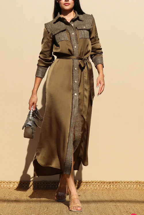 Olive Luxe Metallic Shirt Dress - Belted Maxi