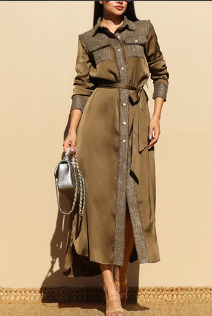 Olive Luxe Metallic Shirt Dress - Belted Maxi
