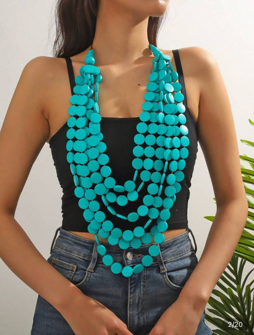Multi-Layered Wooden Beaded Statement Necklace - Bold Asymmetrical Design