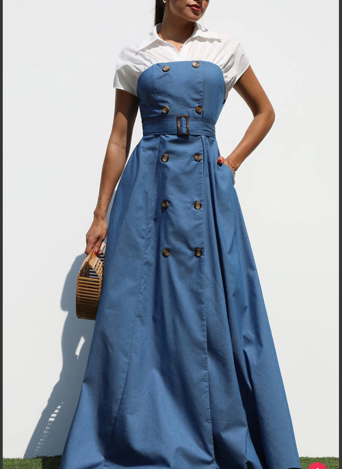 Double Button Woven Maxi Denim Dress