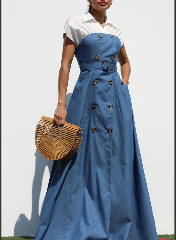 Double Button Woven Maxi Denim Dress