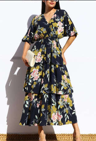 Floral Tiered Midi Dress - Navy Blue with Pink & Yellow Blooms