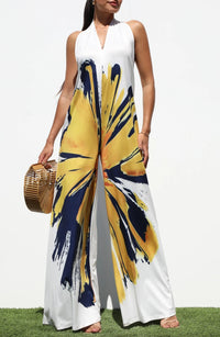 Abstract Brushstroke Wide-Leg Halter Jumpsuit
