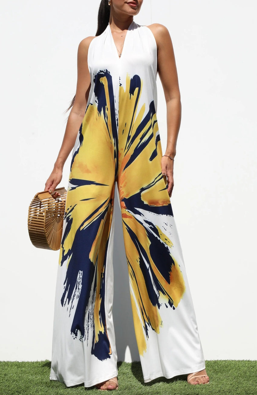 Abstract Brushstroke Wide-Leg Halter Jumpsuit