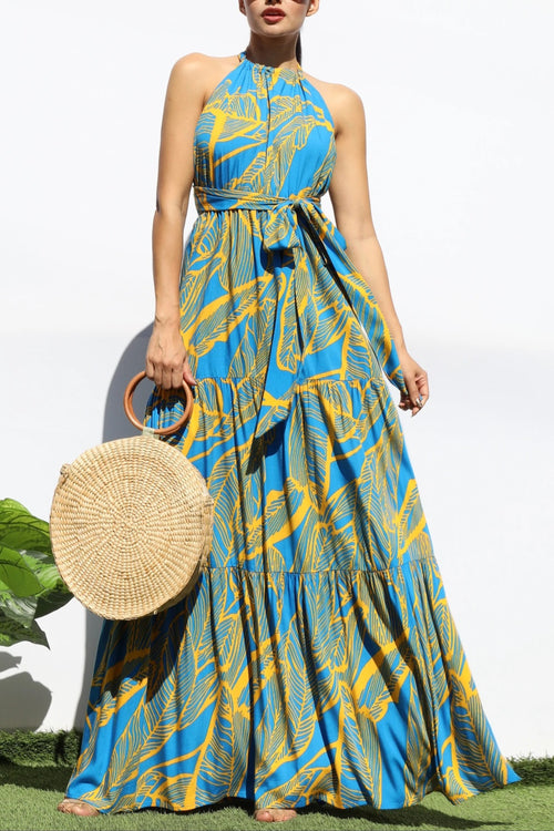 Tropical Leaf Halter Maxi Dress