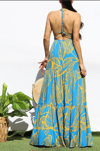 Tropical Leaf Halter Maxi Dress