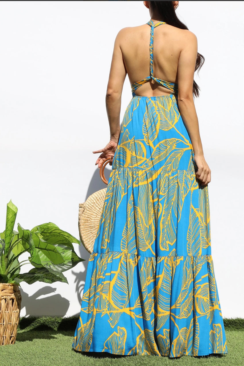 Tropical Leaf Halter Maxi Dress
