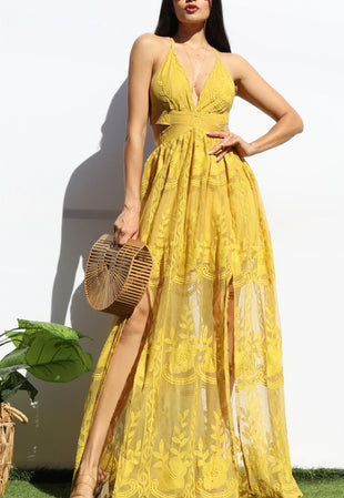 Golden Yellow Lace Embroidered Open-Back Maxi Dress