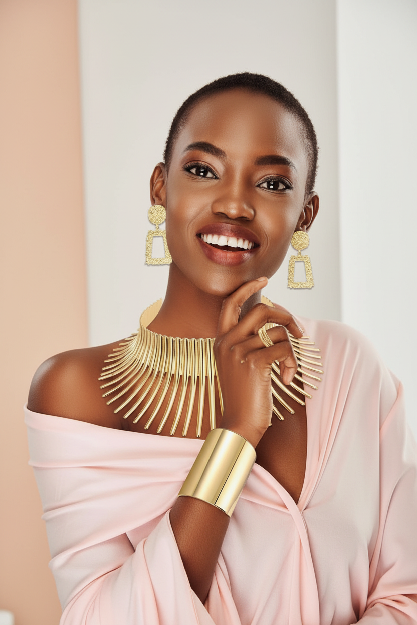 Black model in chic lifestyle outfit wearing gold statement necklace