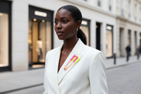 Black model white blazer elevated street