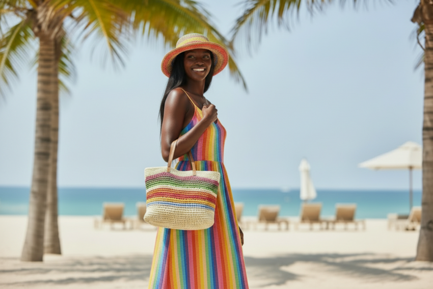 Black Model with Rainbow Hat and Bag