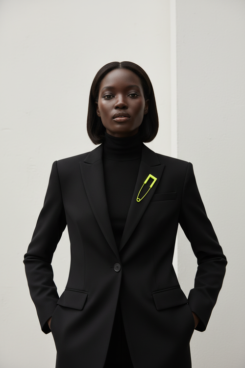 Black turtleneck blazer with yellow safety pin