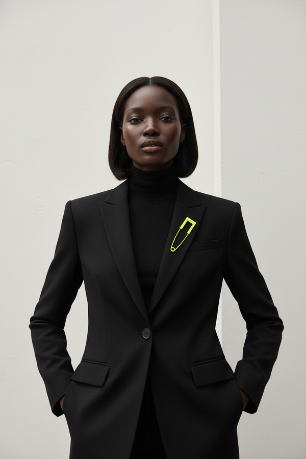 Black turtleneck blazer with yellow safety pin