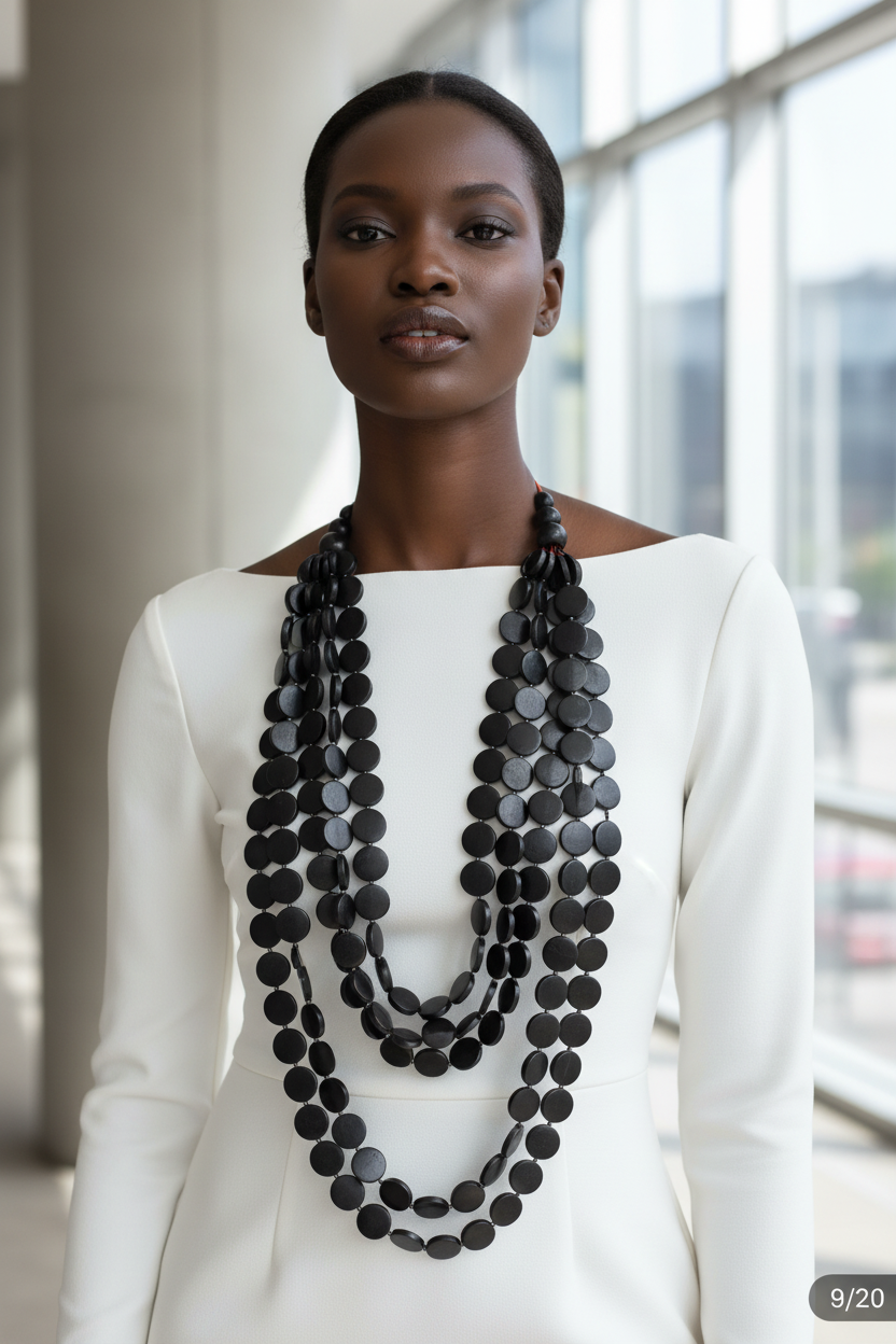 Black Woman Wearing Black Multi-Layered Beaded Necklace