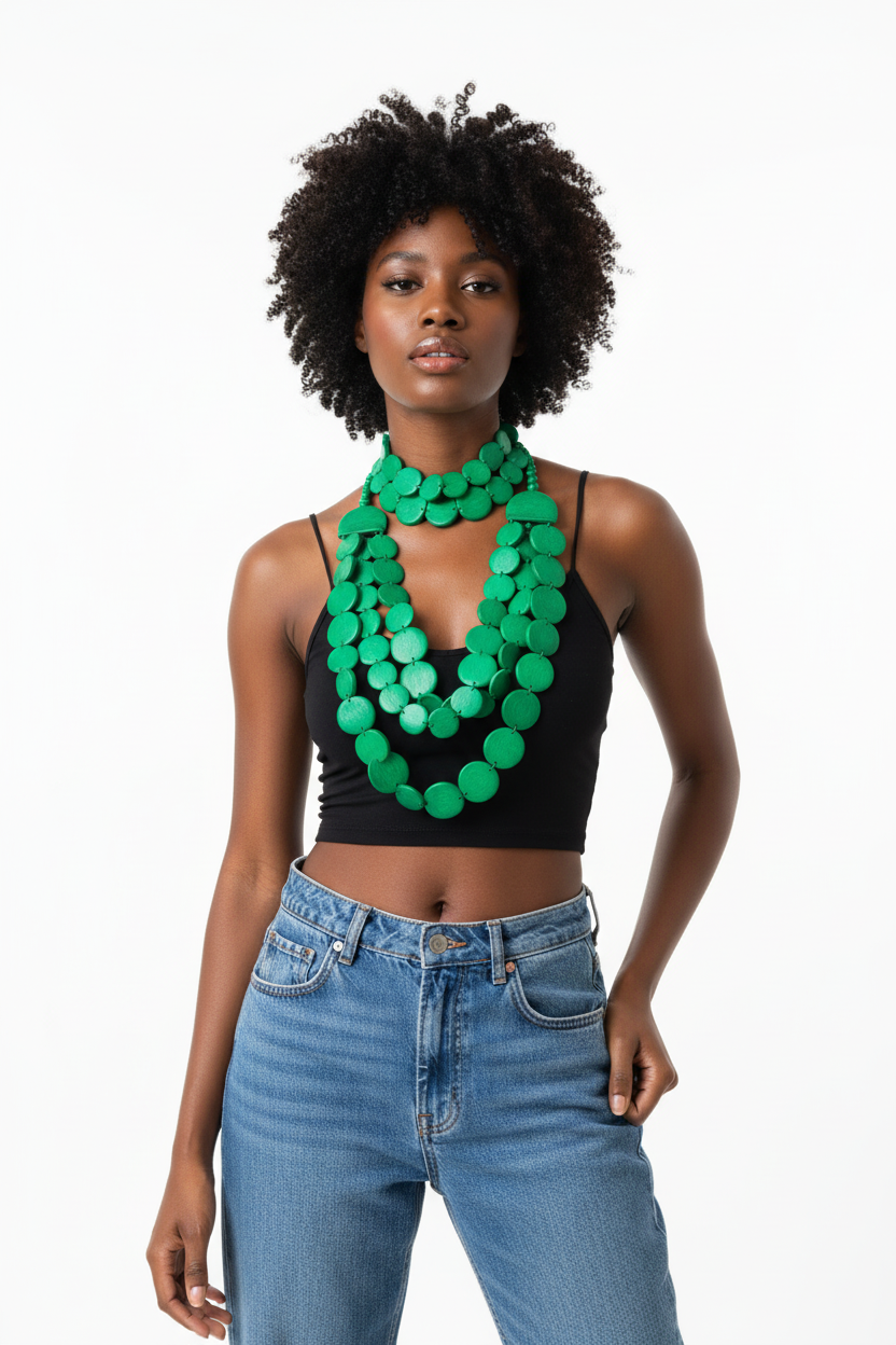 Black Woman Wearing Green Multi-Layered Beaded Necklace
