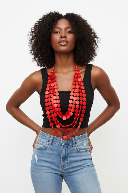 Multi-Layered Wooden Beaded Statement Necklace - Bold Asymmetrical Design