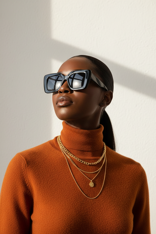 Burnt orange turtleneck with gold necklaces