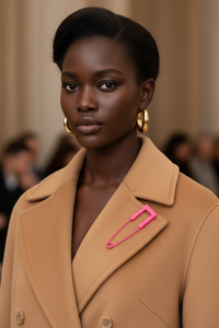 Camel cashmere coat with pink safety pin