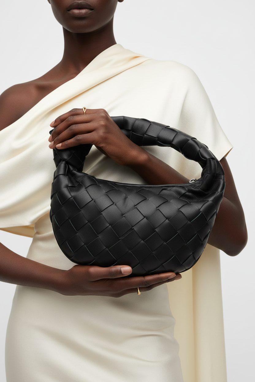 Dark model with black woven knot bag