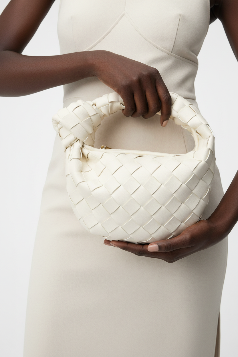 Dark model with cream woven knot bag