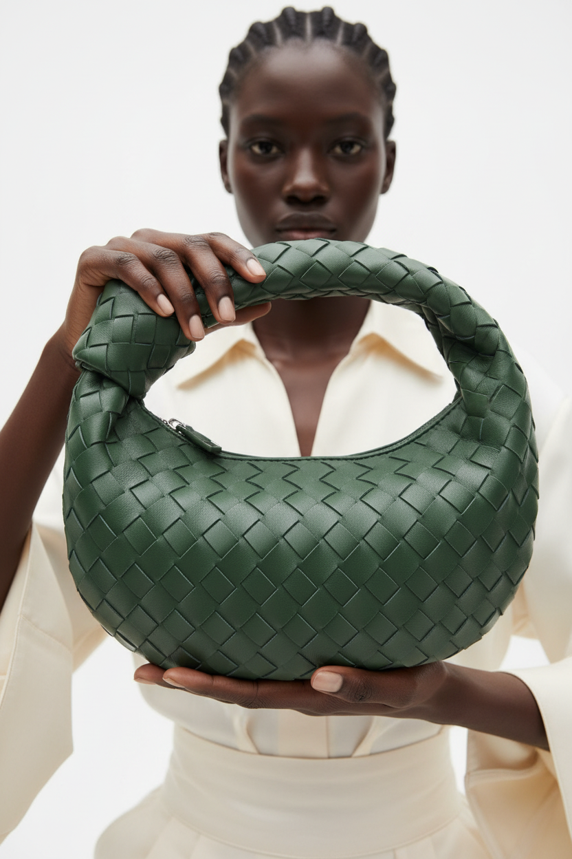 Dark model with dark green woven knot bag