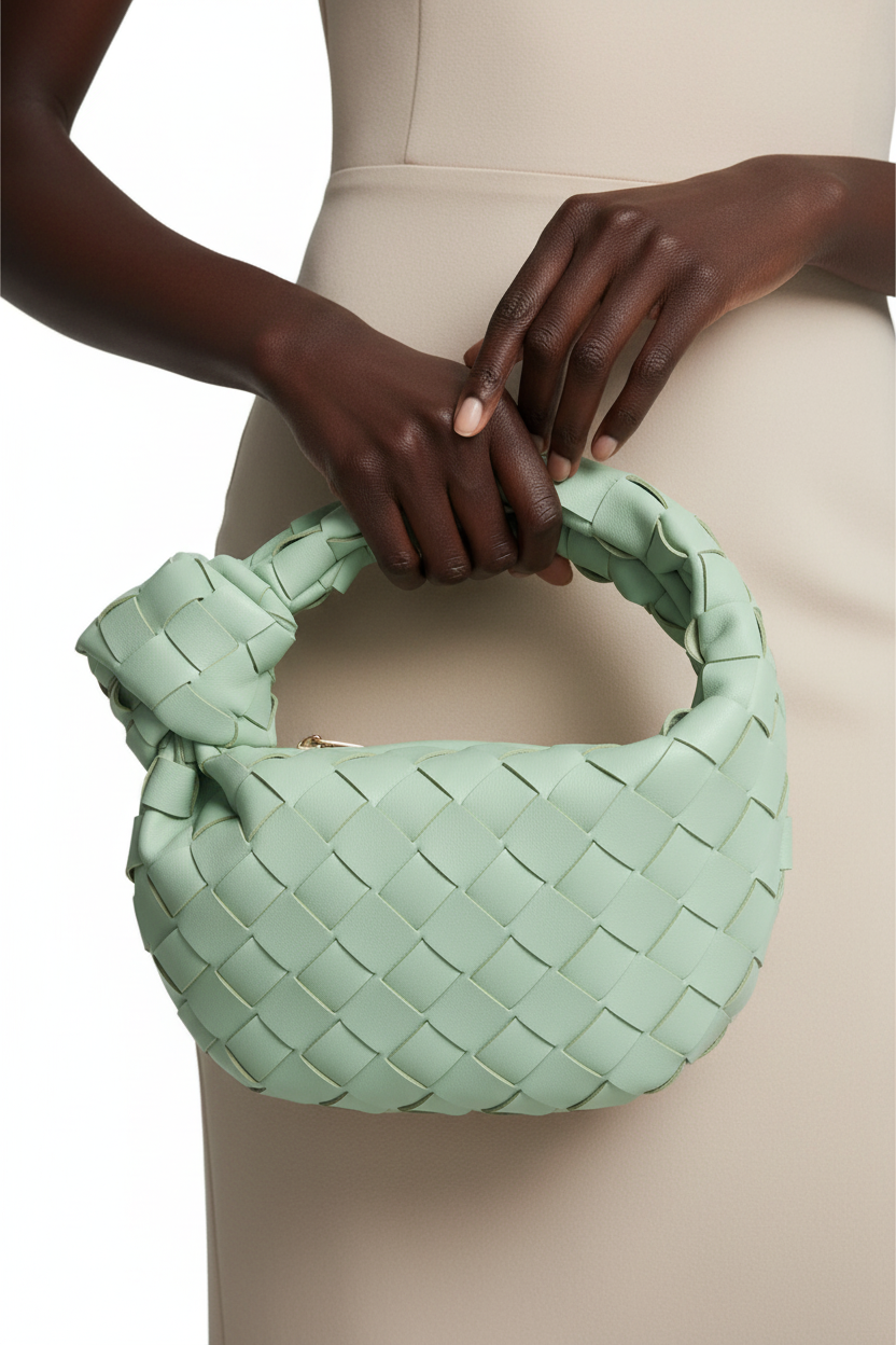 Dark model with green woven knot bag