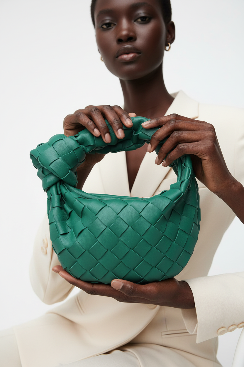 Dark model with green woven knot bag