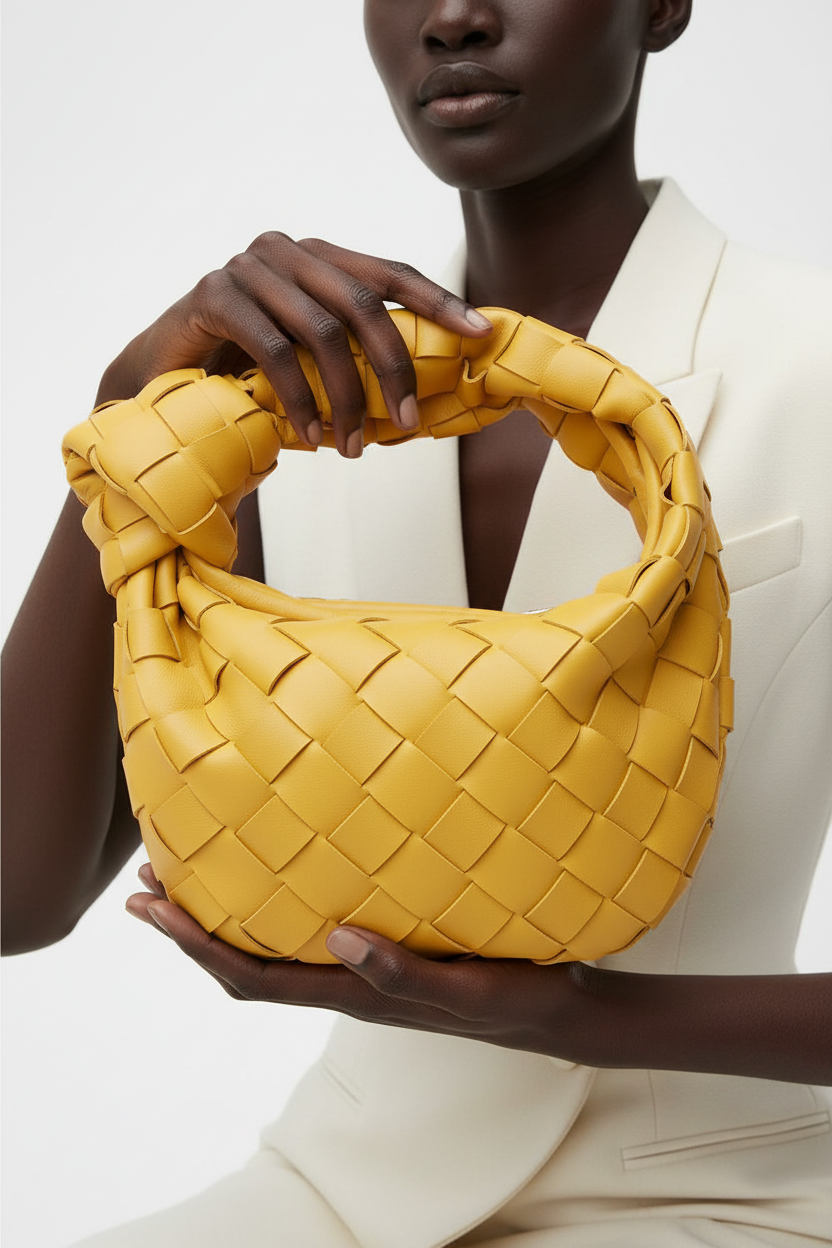 Dark model with yellow woven knot bag