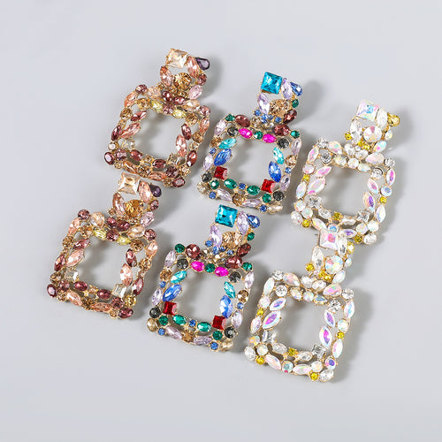 Rhinestone Rectangle Dangle Earrings Square Hoop
