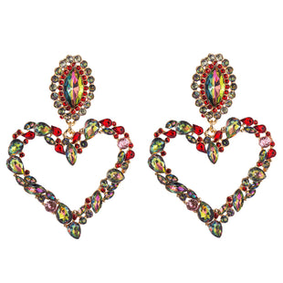 Vintage Large Crystal Heart Drop Earrings Shining Colorful Heart Dangle Earrings Statement Jewelry for Women