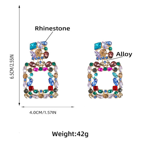 Rhinestone Rectangle Dangle Earrings Square Hoop