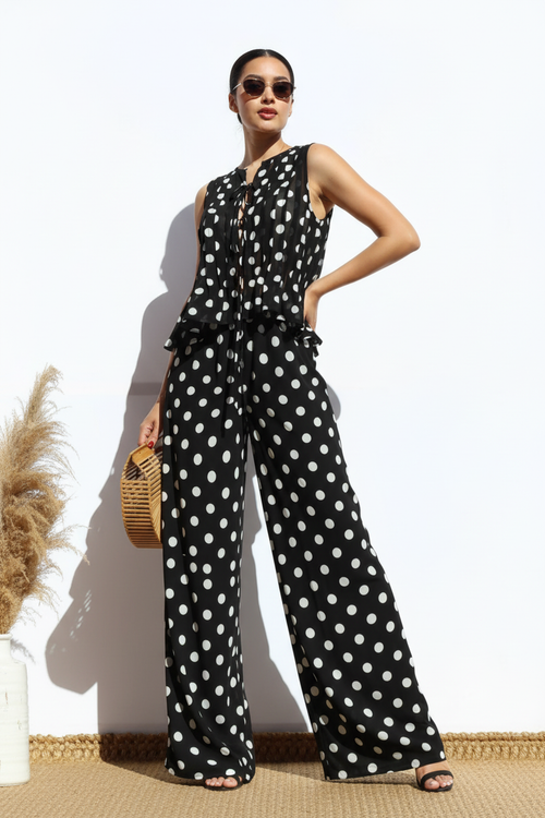 Polka Dot Wide-Leg Jumpsuit - Sleeveless Tie-Front